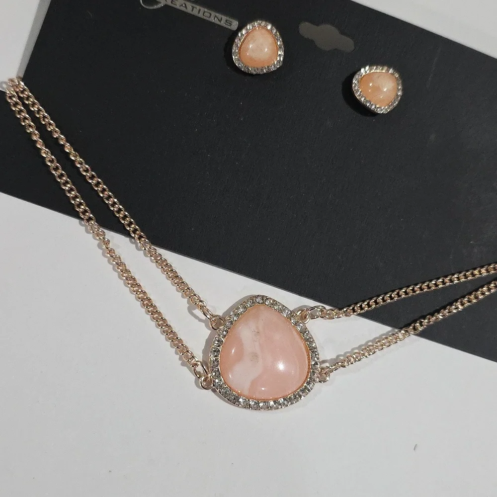 Rose Gold tone & Peach Stone Pendant Necklace & Matching Earrings Jewelry Set
